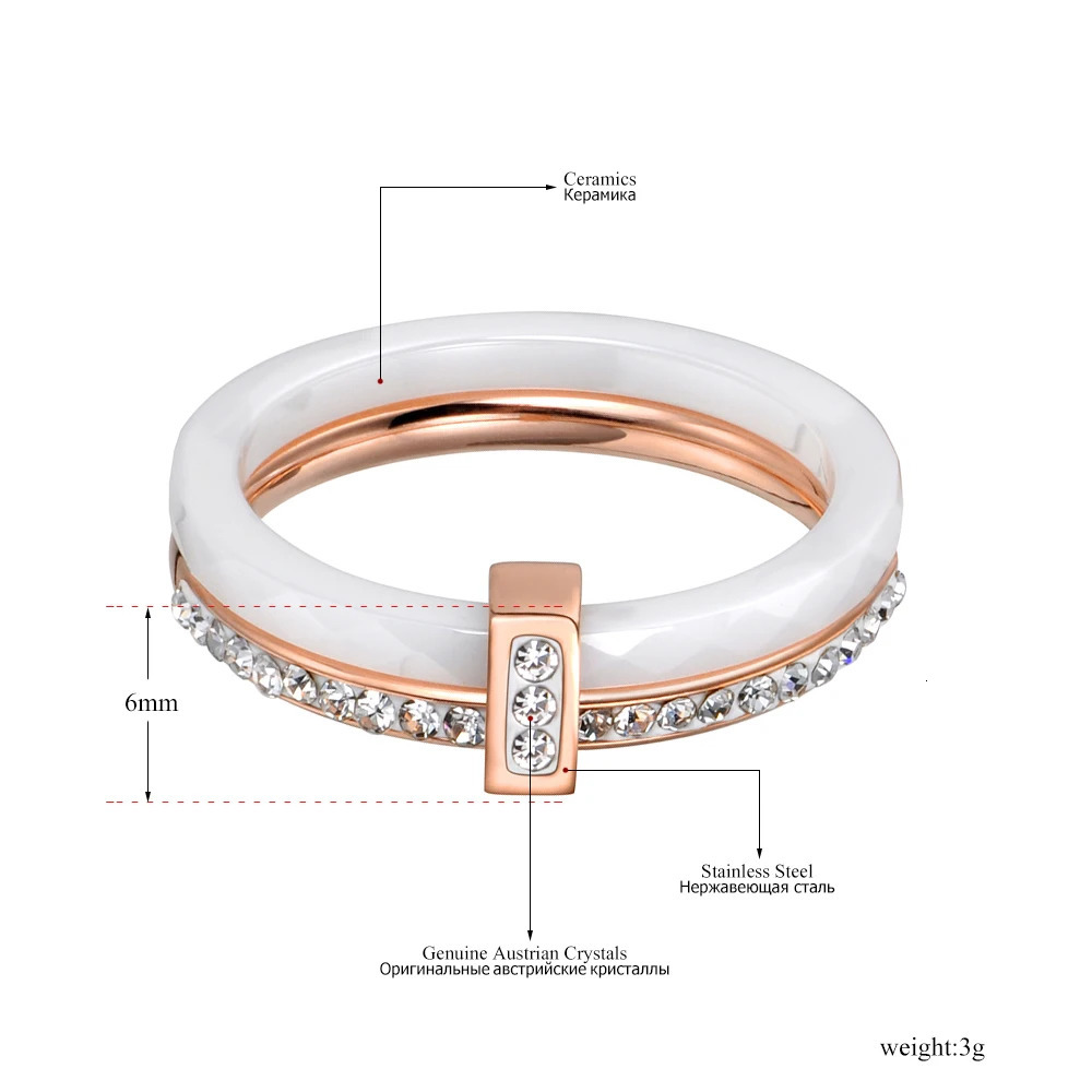 2 Layers Black/White Ceramic Crystal Wedding Rings Jewelry Rose Gold Plated Stainless Steel Rhinestone Engagement 250509