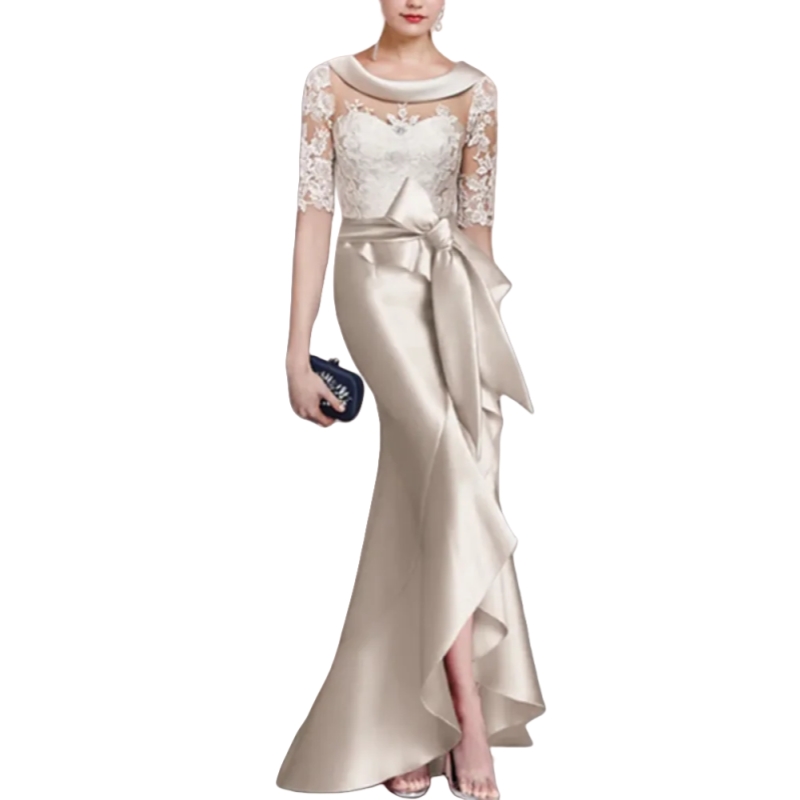 Elegant Champagne Mother Of The Bride Dresses Lace Appliques half Sleeves Mermaid Formal Party Gown Chic Wedding Guest Dress Scoop Neck Open Back Prom