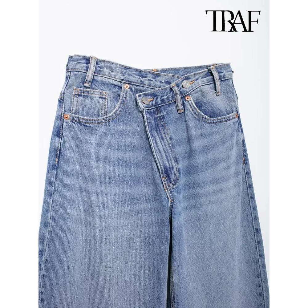 TRAF Women's Asymmetric Design High-Waisted Wide-Legged Jeans New Basic Models Versatile Fashion Straight Trousers