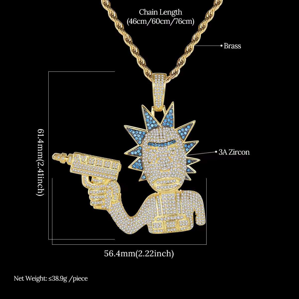JINSE Mena Gun Hip Hop Jewelry Pendant Iced Out Bling Two Tone Man Chain Necklace