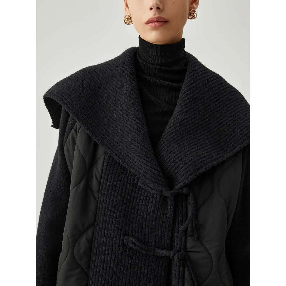 ZBZA Vintage Splicing Knit Padded Jacket Navy Collar Long-sleeved Single Breasted Pocket Quilting Overcoat Winter New Lady Coat