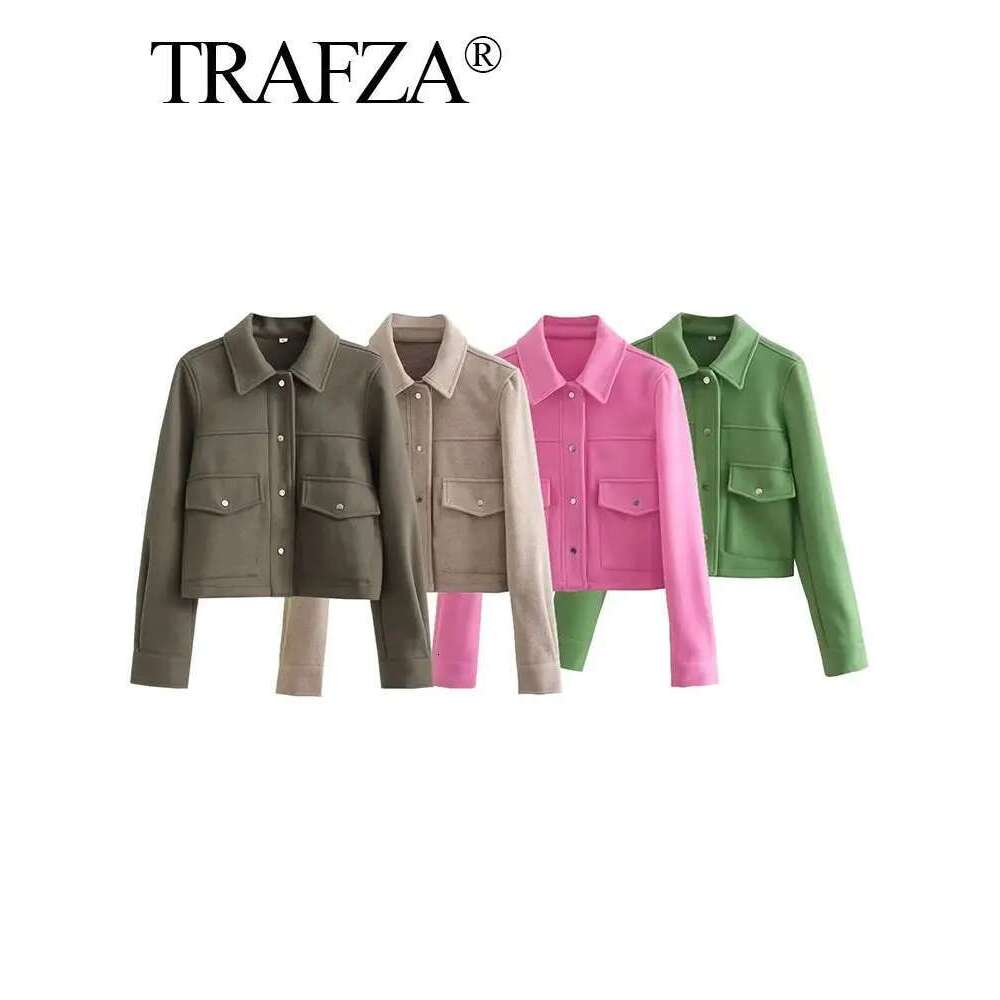 TRAFZA Jackets For Womens Autumn Fashion Solid Front Pockets Button Long Sleeve Jacket Elegant Woman Casual Outerwear Coat