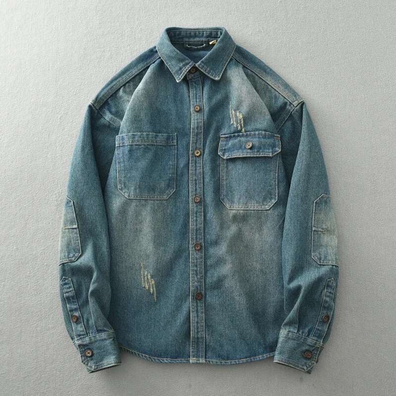 Chunky Washed Denim Shirt For Men Autumn/Winter Youth Retro Casual Loose Shirt Jacket