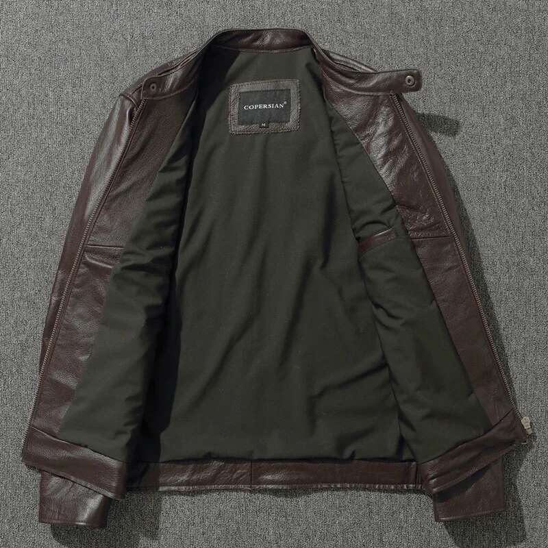 Top Layer Cowhide Fashion Slimfit Stand Collar Leisure Bomber Jacket 100% Genuine Leather Men's Vintage Short Zipper M