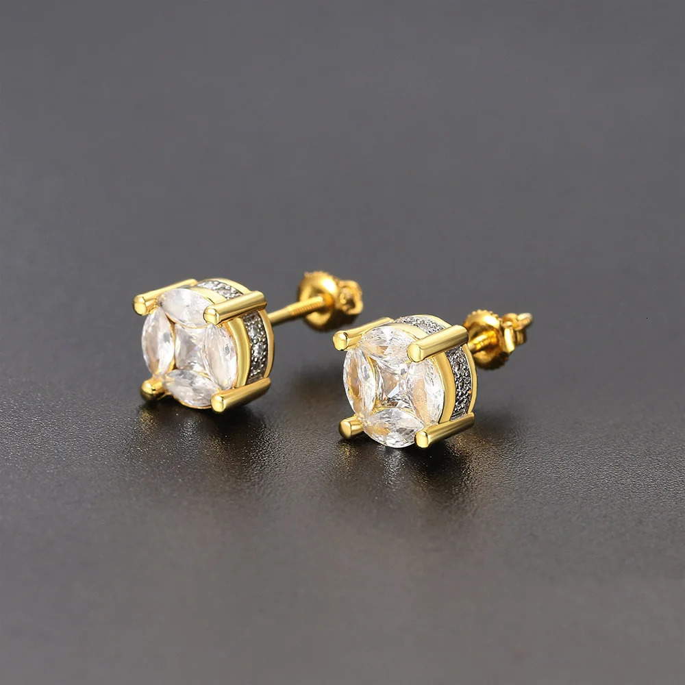 Rock Hip Hop Iced Out Stud Earring for Men Male Inlaid AACZ Zircon Gold Color Piercing Ear Accessories Hiphop Trend Jewelry 250512