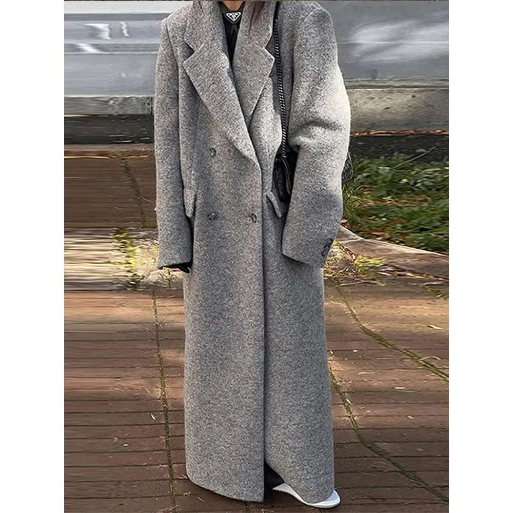 Grey Women's Coat Turndown Collar Double Breasted Long Sleeve Coats Fashion Vintage Winter Windproof Women Jacket