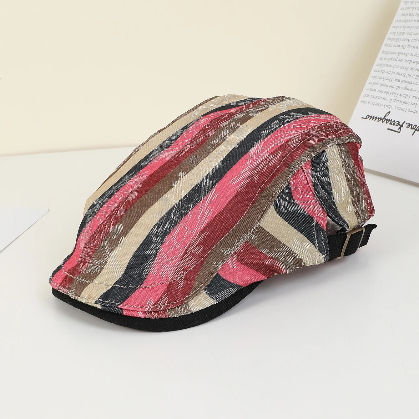 Ethnic fashion color matching striped cashew flower beret street travel with face small front hat 250512