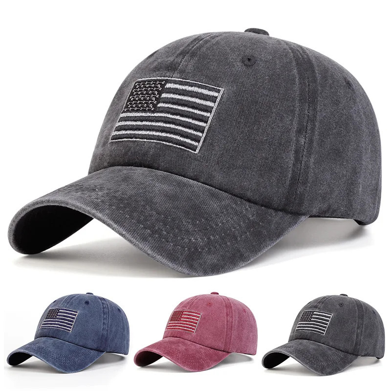 Washed vintage letter baseball cap versatile for men and women embroidered duckbill cap with American flag 250512