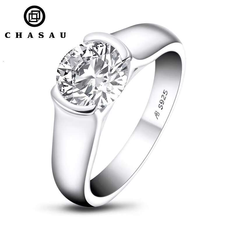 Chasau Fine Jewelry Women Men 2.0ct 2 Ct 8mm Center Stone Solitaire Moissanite 925 Sterling Silver Wedding Engagement Ring