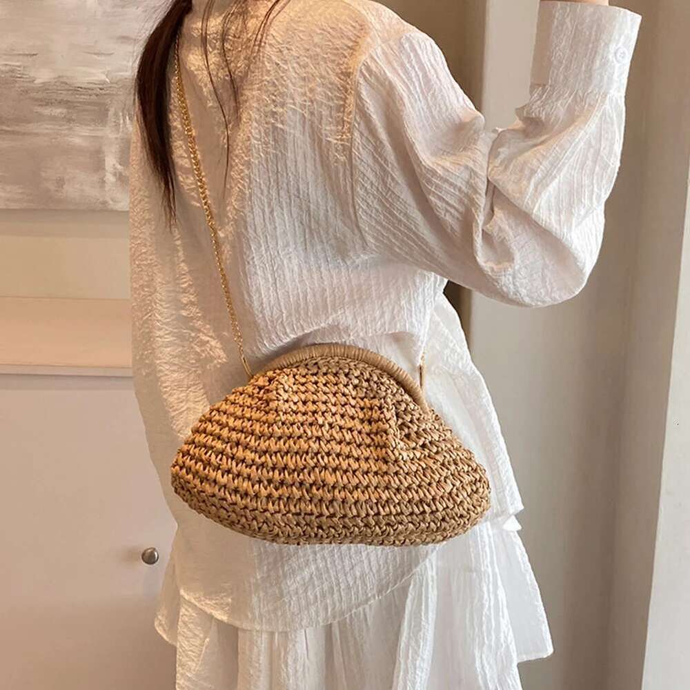 Straw Clutch Purse For Women Woven Raffia Shoulder Fashion Chain Messenger Bags Crochet Handbag Summer Beach Crossbody Bag