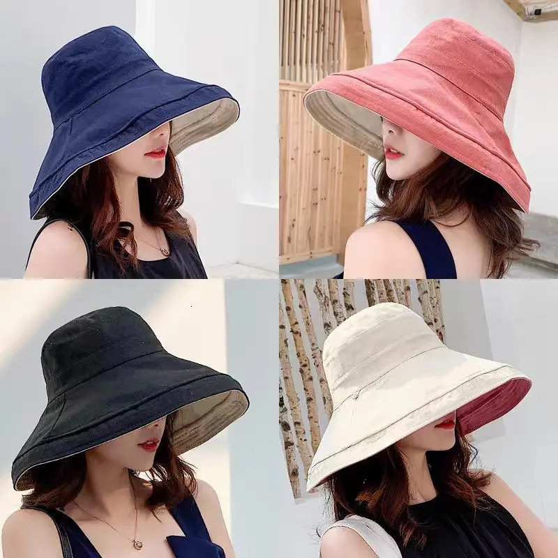 Reversible Foldable Cotton Sun Hat for Women Summer Wide Brim UV Protection Panama Beach Ladies Girls Outdoor Korean Sea hat 250512