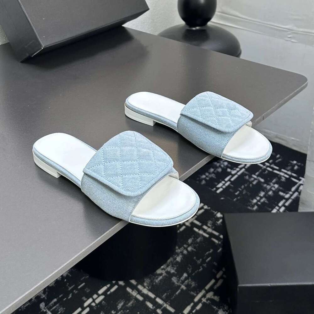 Women Size35-41 Denim Slippers Low Heels Sewing Summer Slides Genuine Leather Leisure Designer Shoes Zapatillas De Mujer