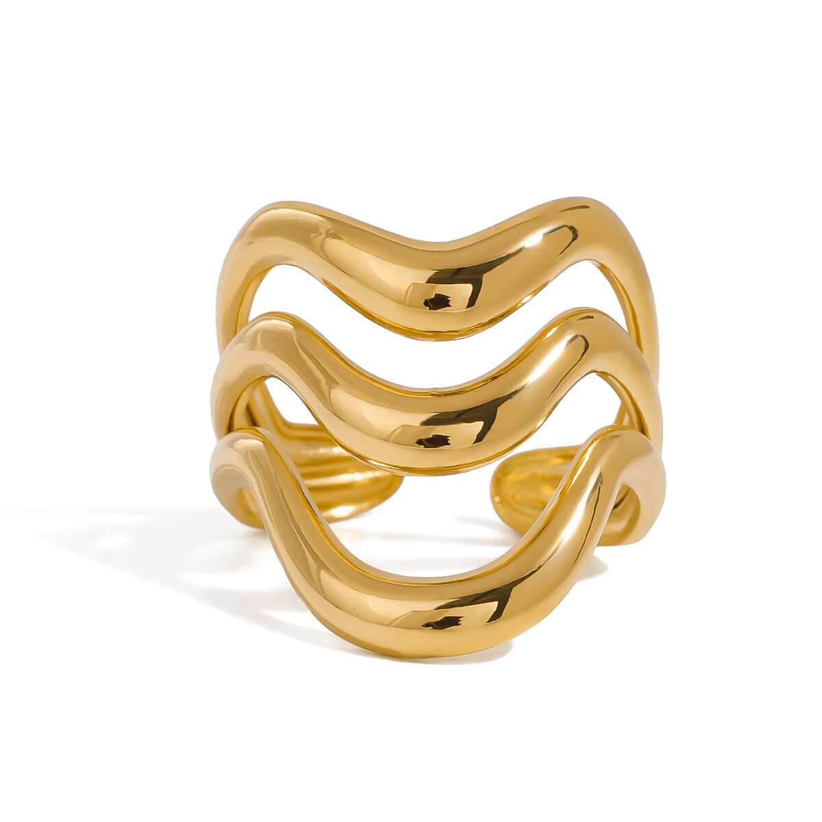 J D 18k Gold Stainless Steel Adjustable Ripple Wave Cutout Open Ring Trendy Irregular Hollowed Minimalist Style