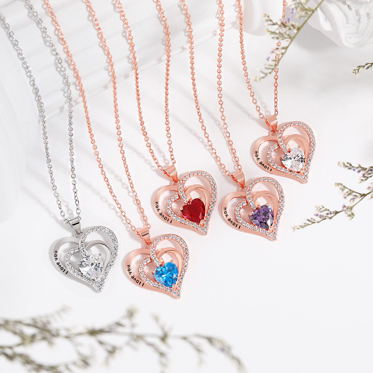Amazon Bestselling Eternal Heart Necklace - Double Love Heart Design with Blackened Lettering and Zodiac Stones