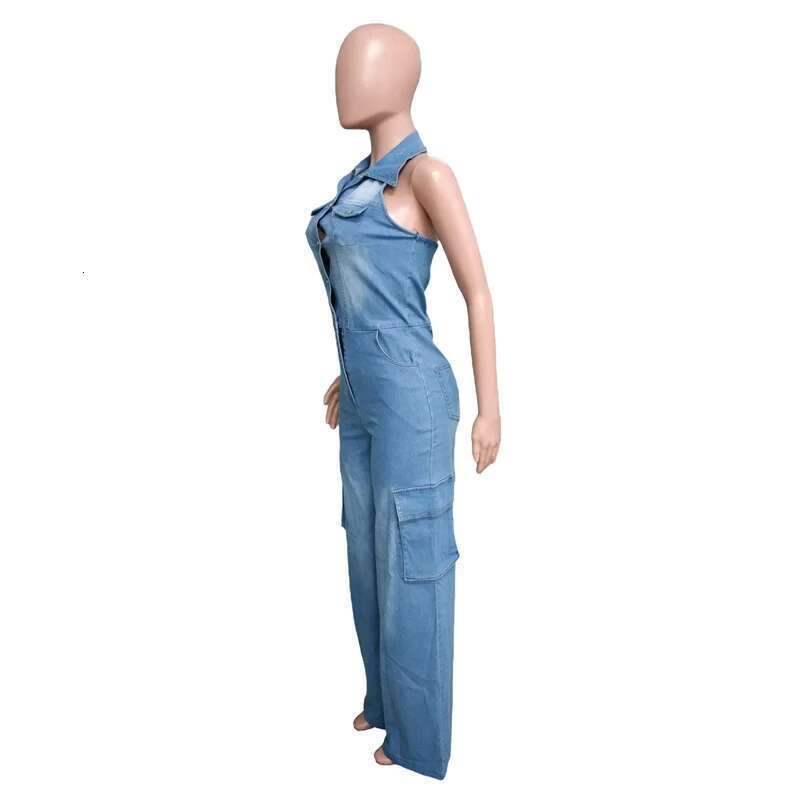 Fashion Lapel Sleeveless Backless Denim Jumpsuit Women Straight Jeans Rompers Female Slim Fit One-piece Pants Casual Streetwear