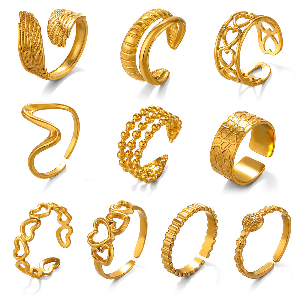 Fashionable stainless steel geometric heart opening with style niche design sense gold-plated line ring