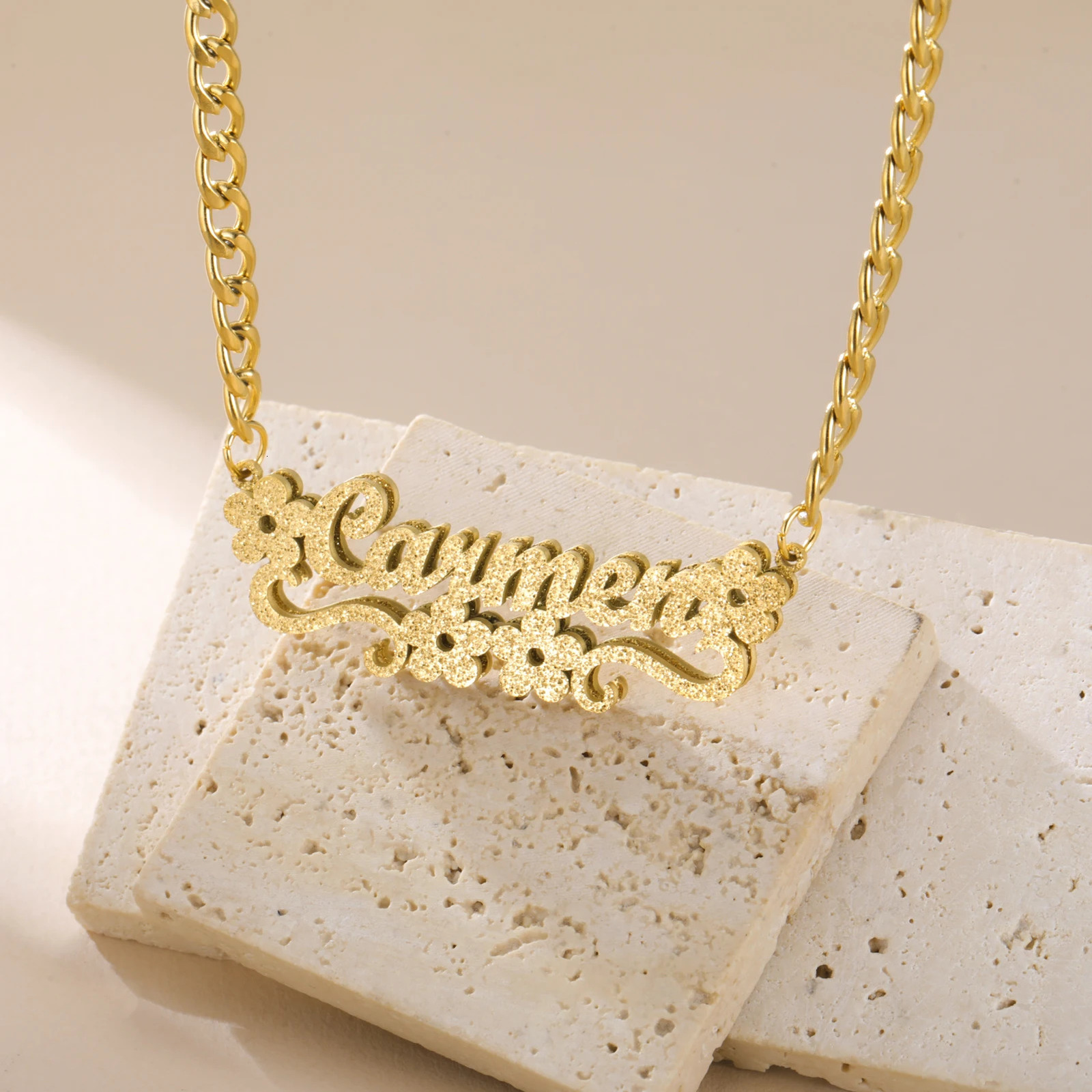 Dreamtimes Custom Gold and Silver Bling Double layered Name Necklace Personalized Name Sand Blasting Stainless Steel Jewelry 250512