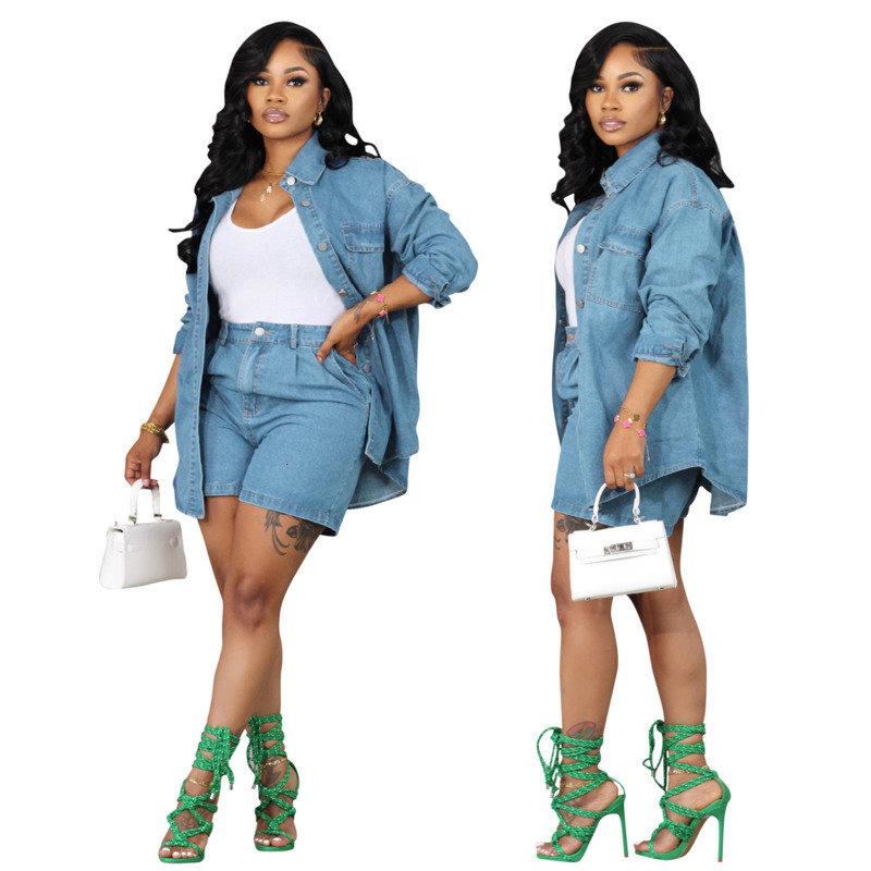 Womens Tracksuits Two Pieces Set 2025 New Fashion Denim Suit Jacket Denim Shorts Autumn Sportwear
