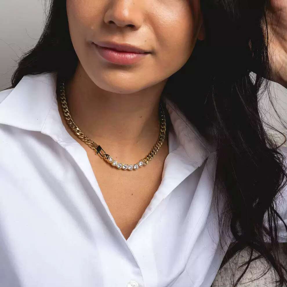 Fashionable gold-plated zircon necklace, thick Cuban chain, women's necklace accessories