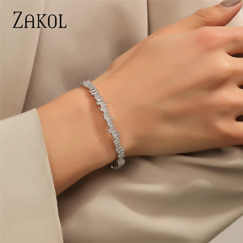 ZAKOL Fashion Cubic Zirconia Cuff Bangles for Women Trendy Baguette Men Open Bracelet Party Jewelry B154 250512