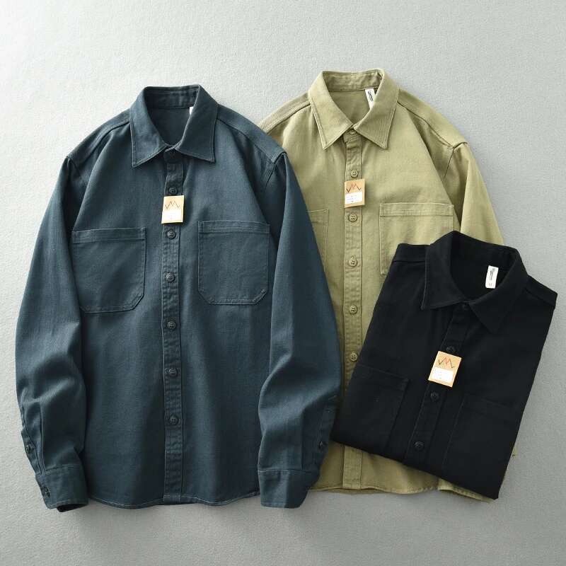 Vintage Washed May Khaki Men's Long Sleeve Base Lapel Cotton Loose Casual Cargo Shirt