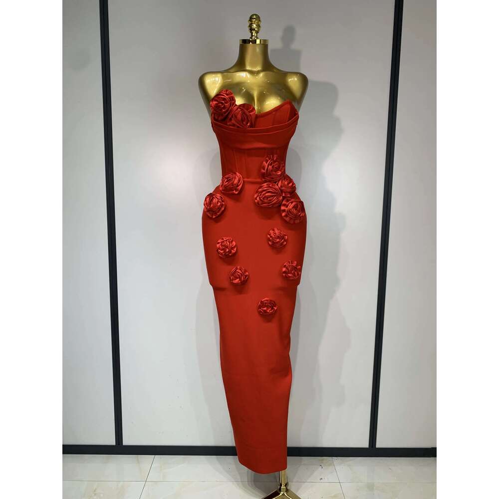 2025 Newest Women Sexy Strapless Backless Red Flower Midi Bandage Dress Celebirty Elegant Evening Club Party Birthday Dresses