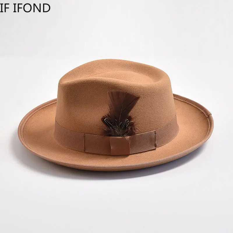 Handmade Feathers Felt Fedora Hat Vintage Men Panama Trilby Hats Curved Brim Gentleman Party Dress Cap 250512