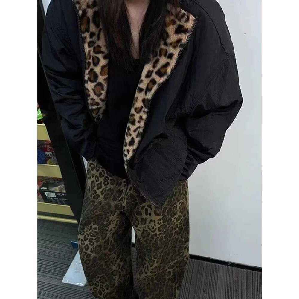 American retro double-sided leopard print jacket men's trendy high-end vintage anti-rabbit fur thickened cotton coat