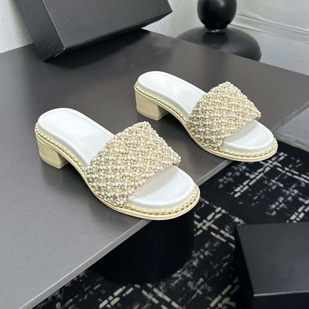 New Women Size35-41 Genuine Leather Slippers Med Heels Chain String Bead Summer Slides Designer Shoes Zapatillas De Mujer
