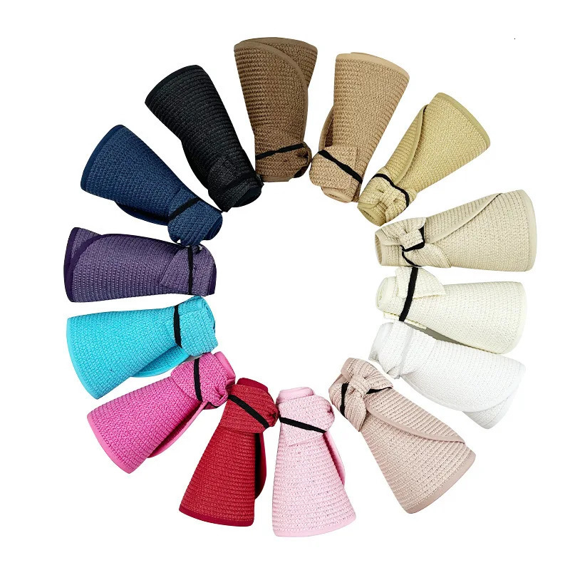 Women Summer Visors Hat Foldable Wide Large Brim Bowknot Empty Top Straw Hats chapeau femme Beach UV Protection Caps 250512