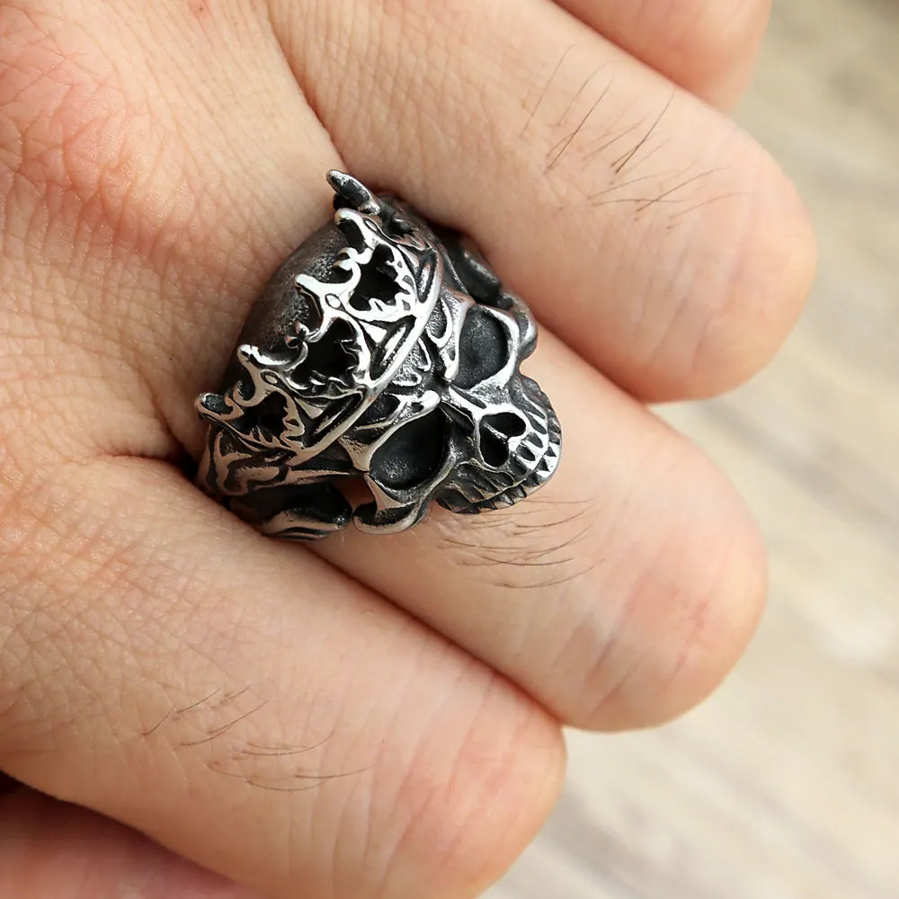 Gothic Vintage Stainless Steel Crown Skull Ring For Men Boys Punk Skull Rings Hip Hop Biker Mens Fashion Jewelry Gift Wholesale 250509