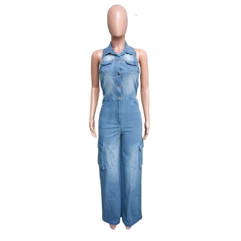 Fashion Lapel Sleeveless Backless Denim Jumpsuit Women Straight Jeans Rompers Female Slim Fit One-piece Pants Casual Streetwear