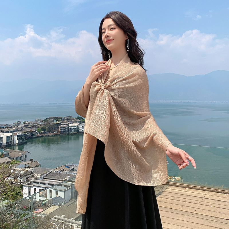 K694 Casual all-match personality pullover silk scarf wire wrinkle solid color minimalist comfortable breathable travel wear shawl large silk scarf