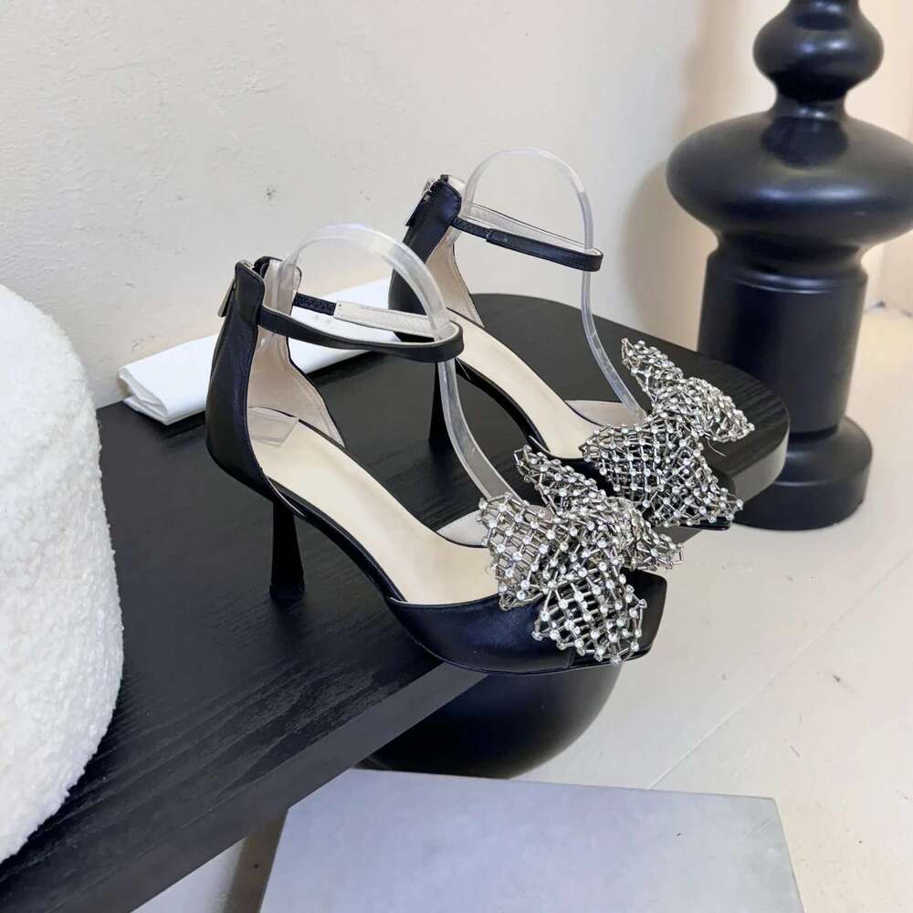 Women Size34-41 Genuine Leather Sandals Super High Heels Butterfly Knot Crystal Pumps Designer Shoes Zapatillas De Mujer