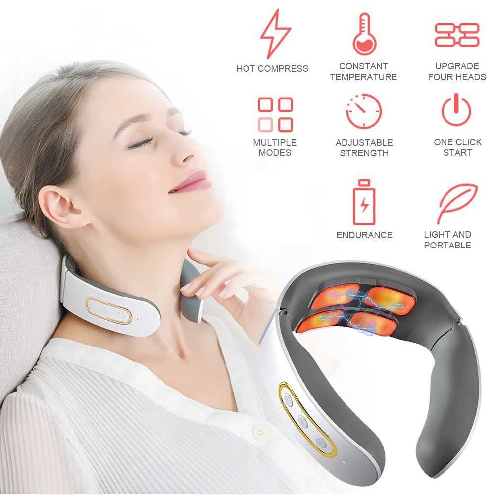 Electric Neck Shoulder Pulse Massager Kneading 4 Head TENS Magnetic Pulse Heating Cervical Vertebra Relax Pain Relief MassageW250512