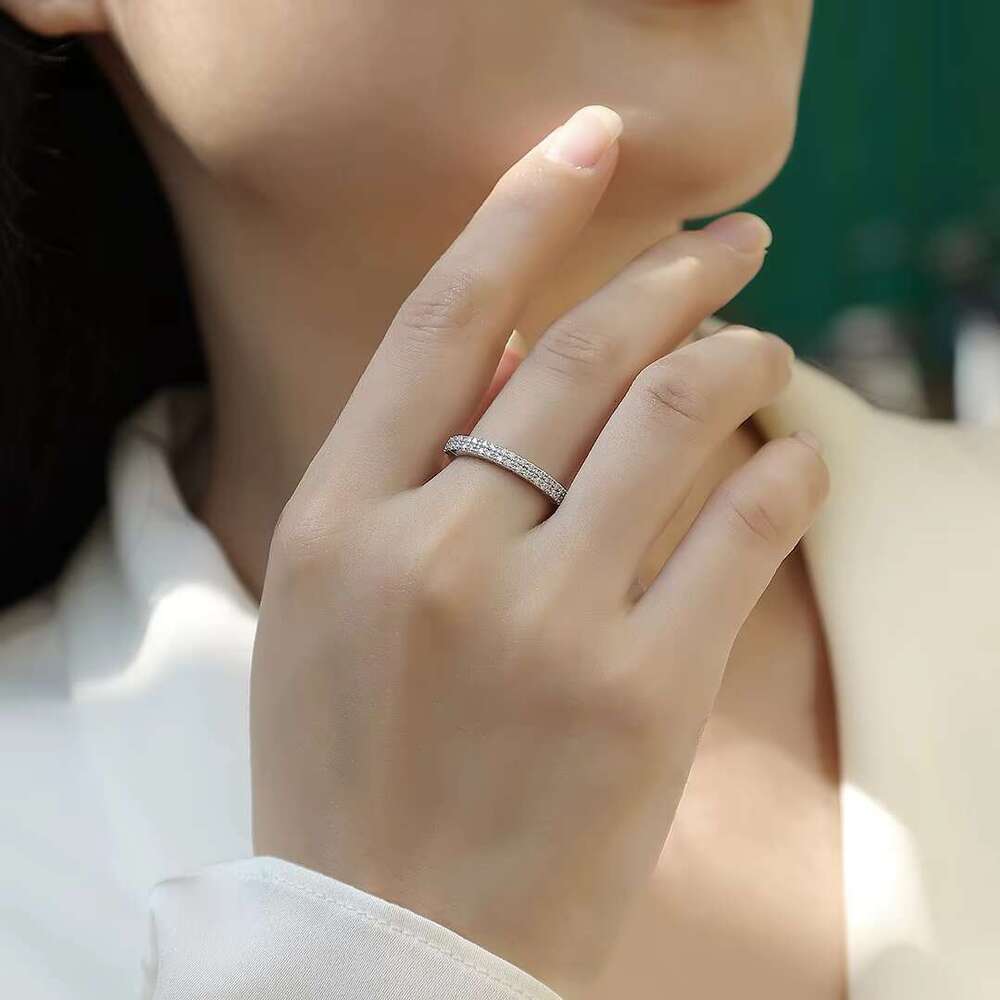 Dazzling double-layer carbon silica wedding ring - pure silver, elegant pointed set, US size 5-9