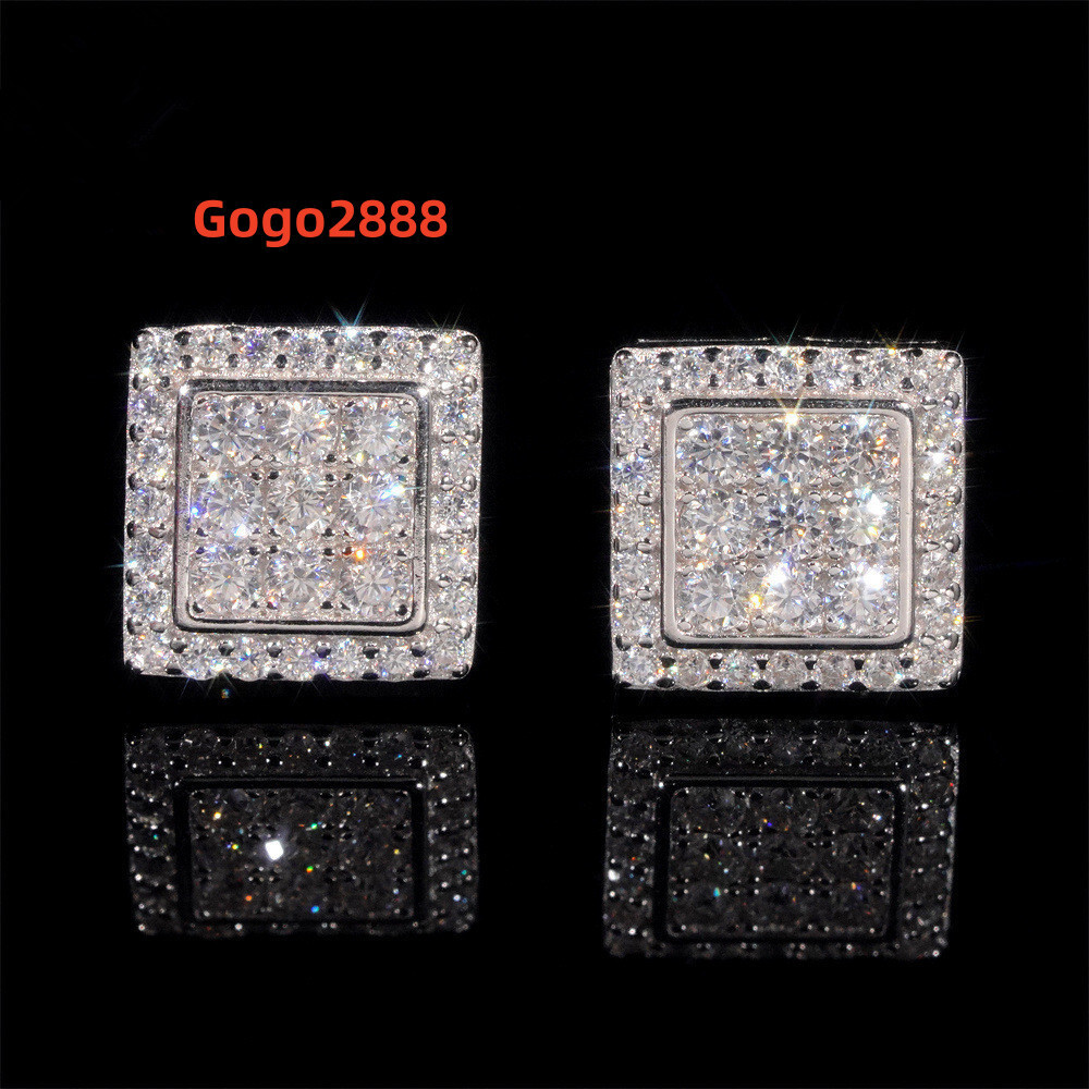 DE Hip Hop Iced Out Moissanite Earring 925 Sterling Silver Chic Square Moissanite Earrings Hip Hop Moissanite Earring Women Men