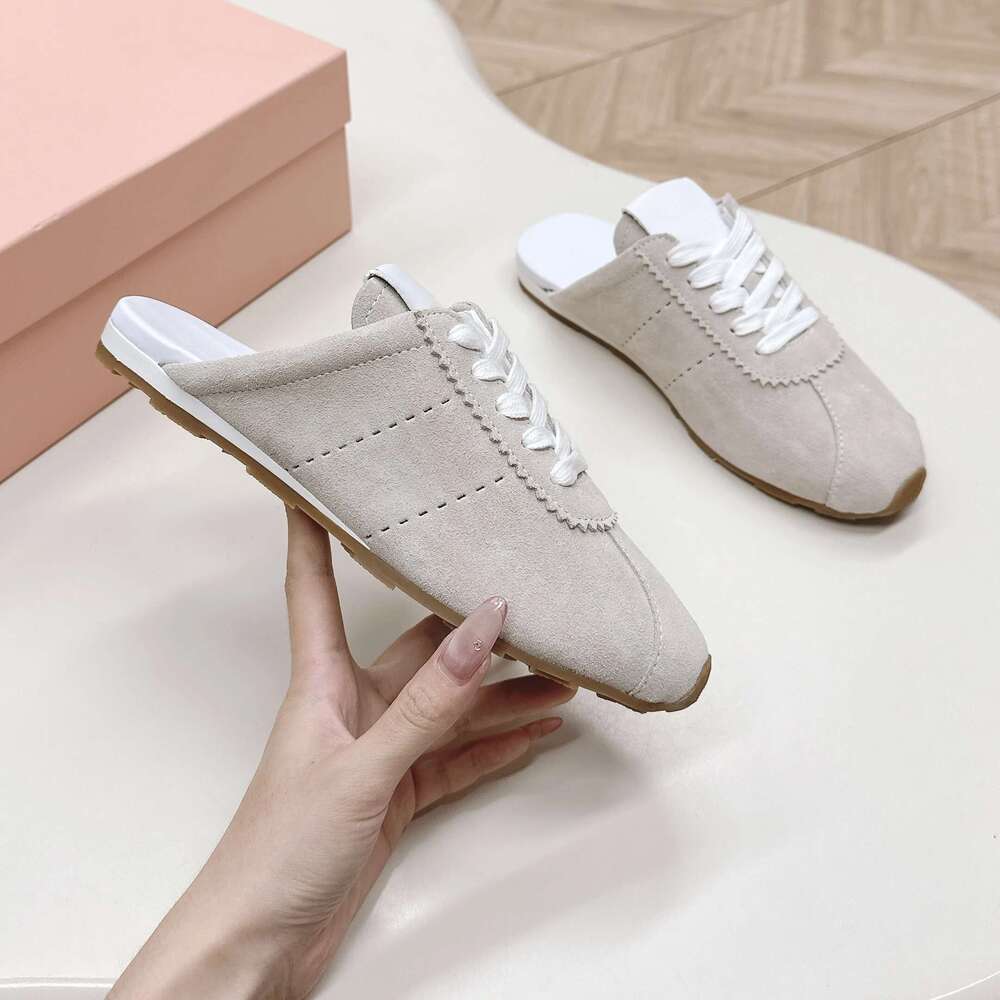 Women Natural Cow Suede Slippers Genuine Leather Mules Sports Leisure Flats Round Toe Designer Shoes Zapatillas De Mujer