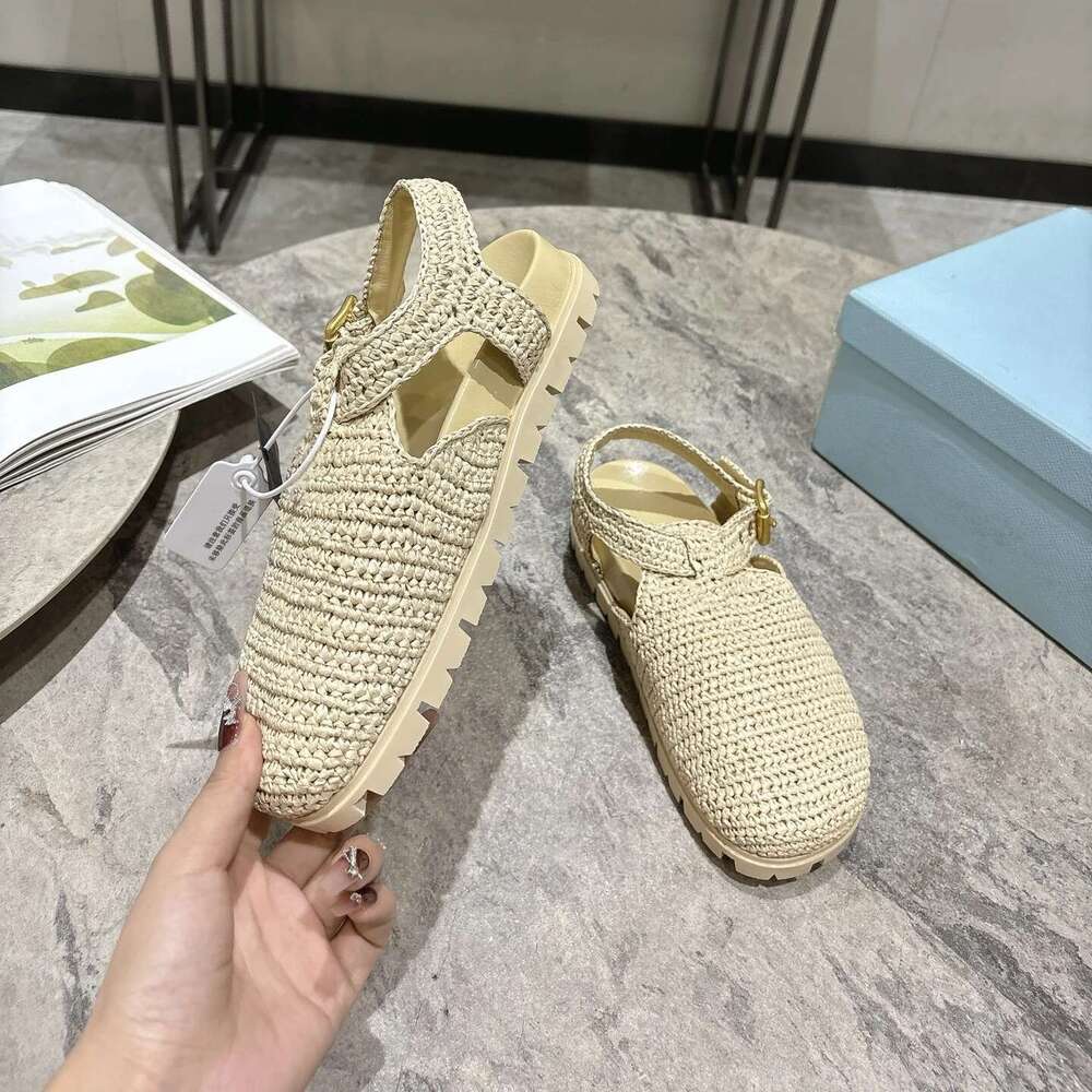 New Women Size35-41 Weaving Sandals Round Toes Beach Flats Buckle Strap Genuine Leather Designer Shoes Zapatillas De Mujer