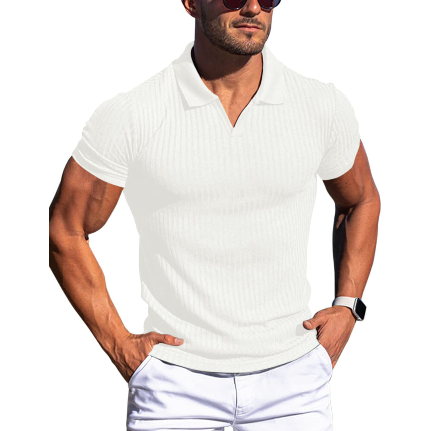 Summer polo shirt lapel V-neck vertical stripe short sleeve mens T-shirt250512