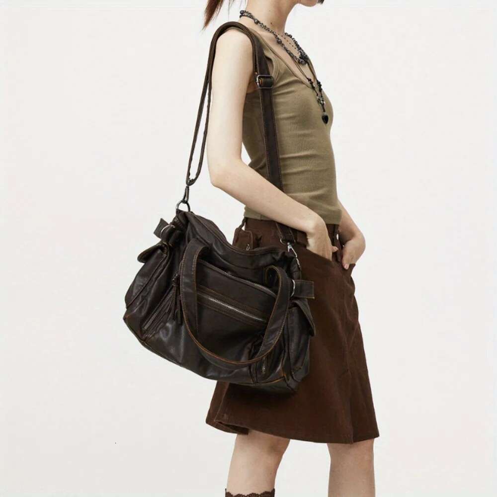 Retro tote motorcycle soft PU leather large capacity shoulder Y2K punk multi pocket crossbody bag