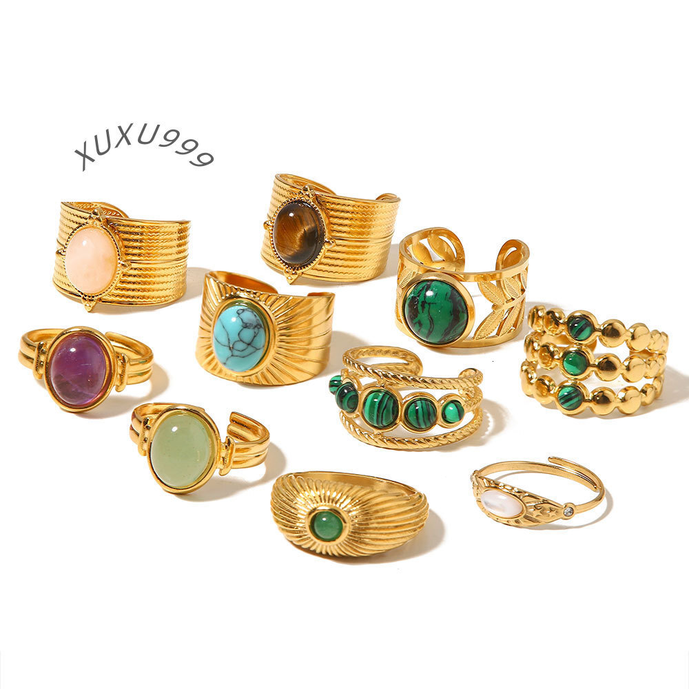 18K Gold-Plated Stainless Steel Jewelry Ins Style Open Natural Stones Rings for Lady Irregular Chunky Geometric Couples Set Ring