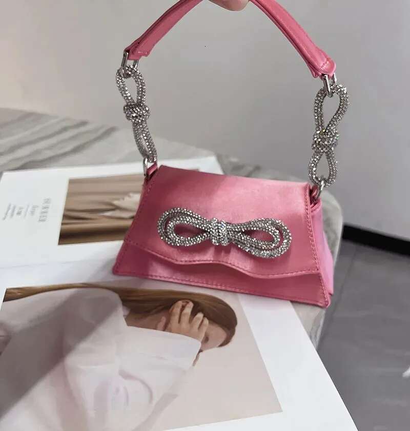 Fashion Evening Bags Rhinestone Bow Satin Handbag Ladies Cute Shiny Mini Shoulder Bag