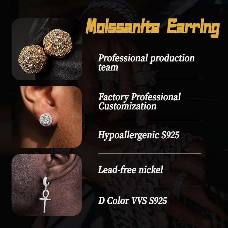 Hip hop Jewelry Men's Tested with Vvs GraMoissanite 10k Gold Earrings