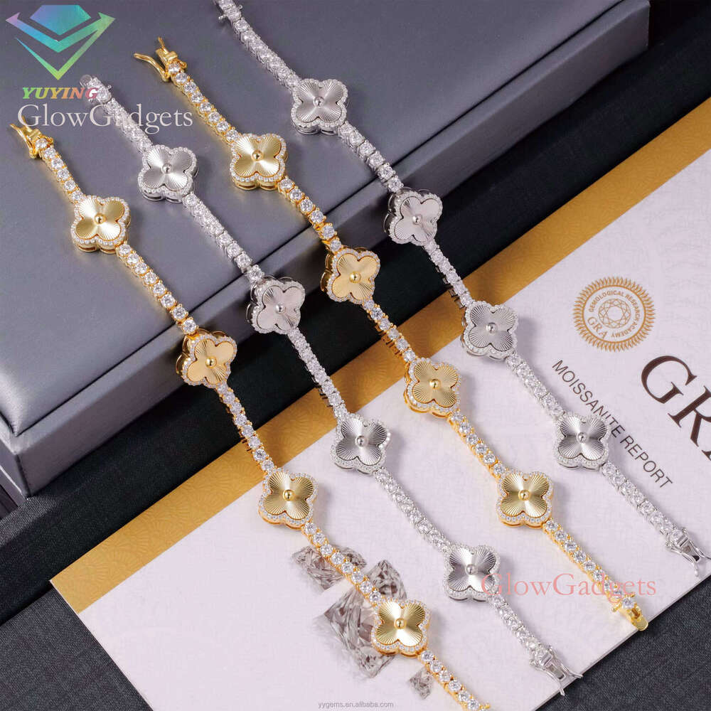 Lucky Four Leaf Hip Hop Jewelry 3mm S Sier Gold Plated Iced Out Moissanite Clover Tennis Bracelet