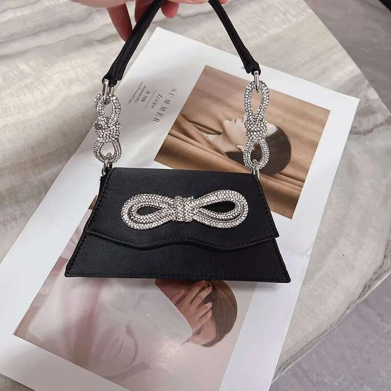 Fashion Evening Bags Rhinestone Bow Satin Handbag Ladies Cute Shiny Mini Shoulder Bag