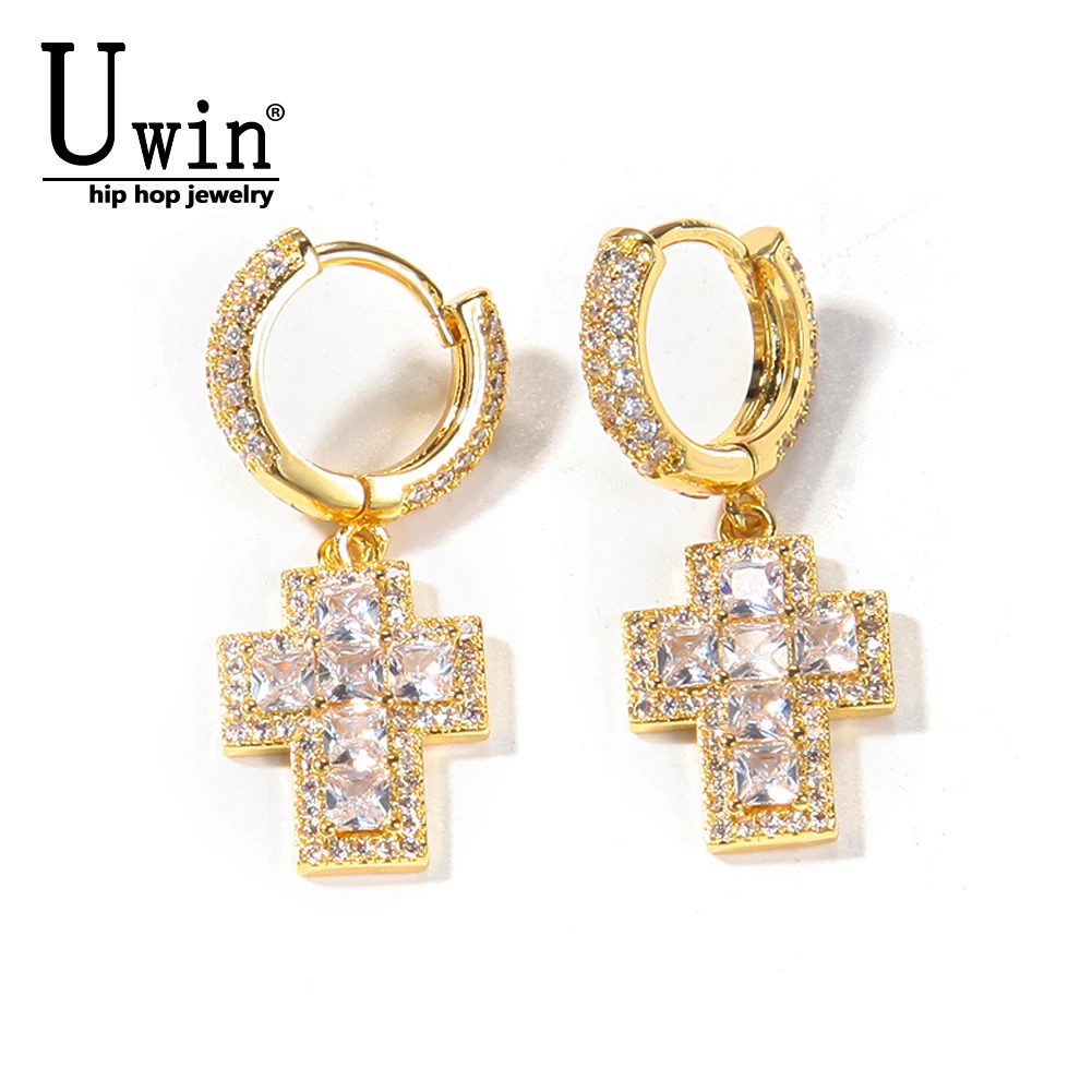 Uwin Cross Earrings Setting Iced Out Baguette Zircionia Earrings For Women Men Fashion Charm Hip Hop Jewelry 250512