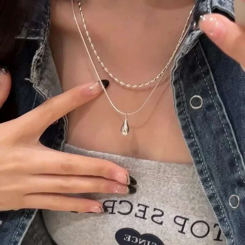 Fashion Sier Color Double Layer Waterdrop Pendant for Women Minimalist Metal Bead Clavicle Chain Necklace Jewelry