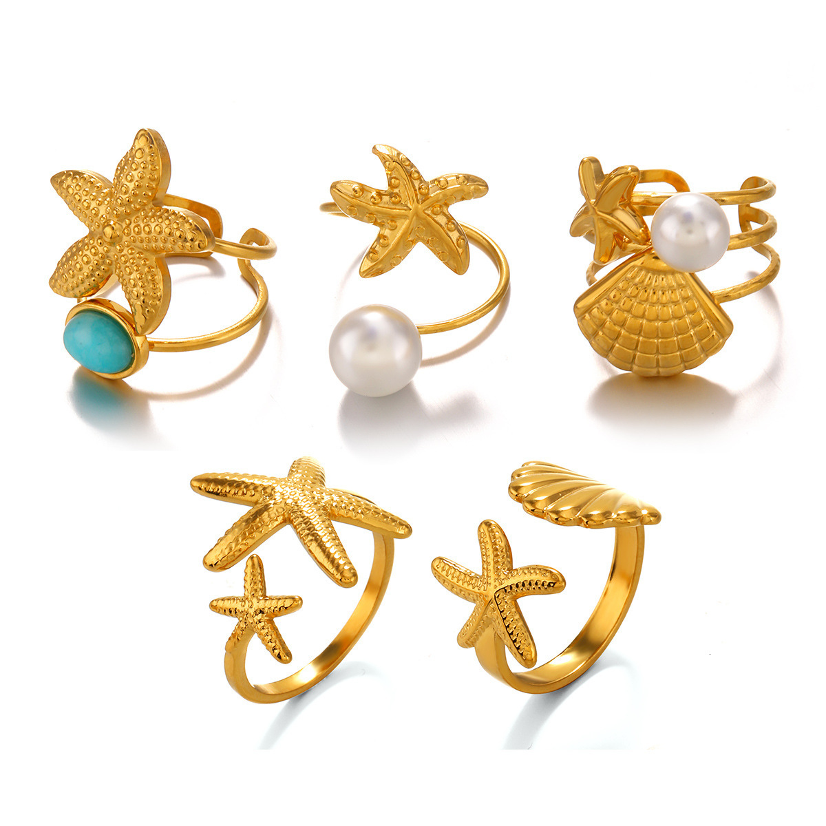 Fashionable and trendy summer beach vacation style starfish shell women's ocean element pearl open ring