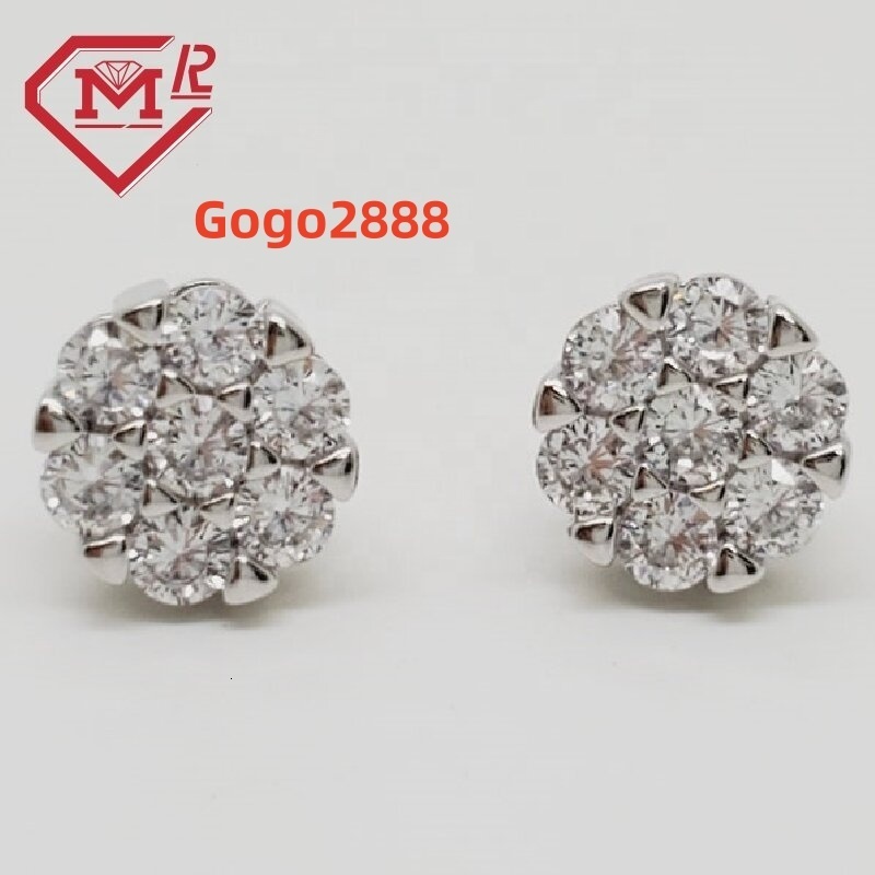 Flower Cluster Stud Earrings Round Moissanite Diamond 925 Sterling Silver Screw Back Hip Hop Earrings